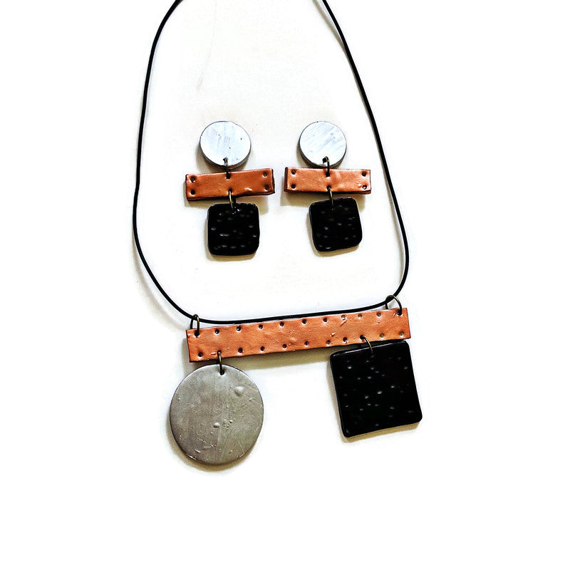 Sculptural Necklace & Earrings Set in Black Silver Copper