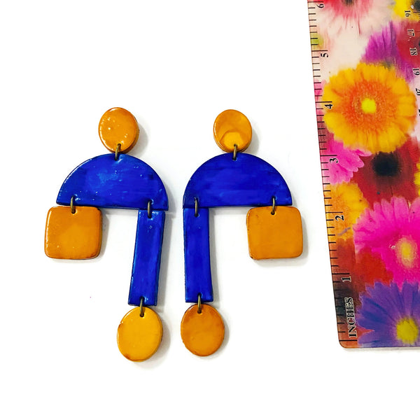 Long Asymmetric Statement Earrings in Indigo Blue & Honeycomb Yellow