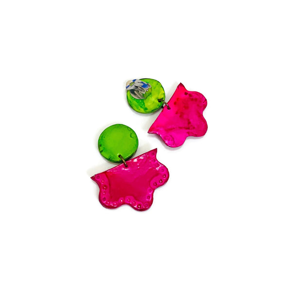 Green & Pink Statement Earrings Post or Clip On- "Tammy"