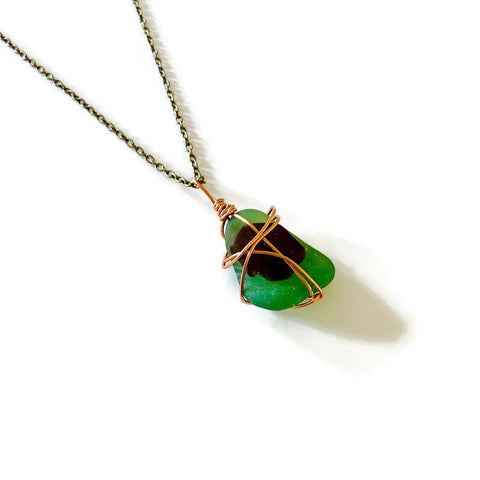 Wrapped Sea Glass Necklace, Brown & Green Nova Scotia Sea Glass
