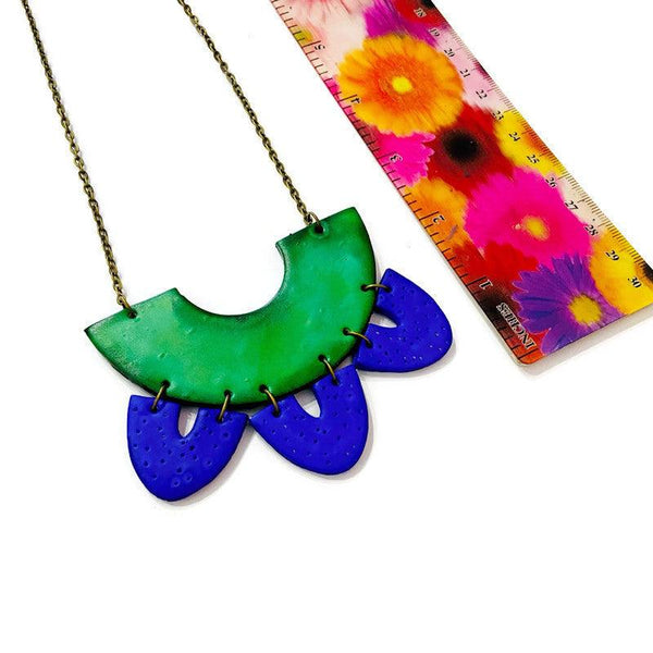 Artsy Statement Bib Necklace & Earring Set Handmade from Clay Painted Blue Green - Sassy Sacha Jewelry