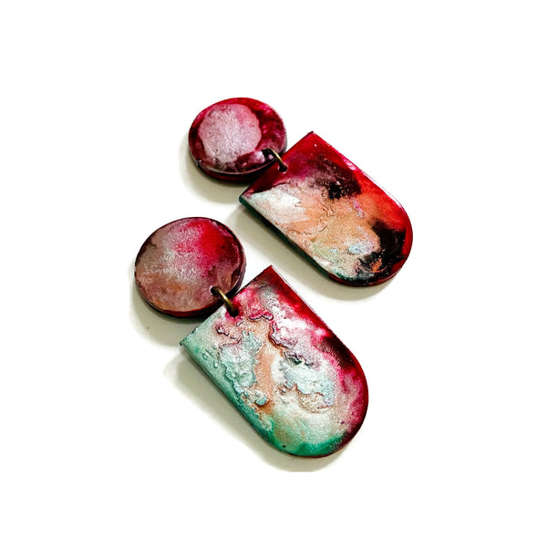 Abstract Alcohol Ink Jewelry Set in Red, Gree, Silver, Copper. Fluid Art Jewelry