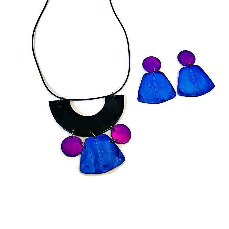 Chunky Art Deco Jewelry Set in Black, Blue Purple - Sassy Sacha Jewelry