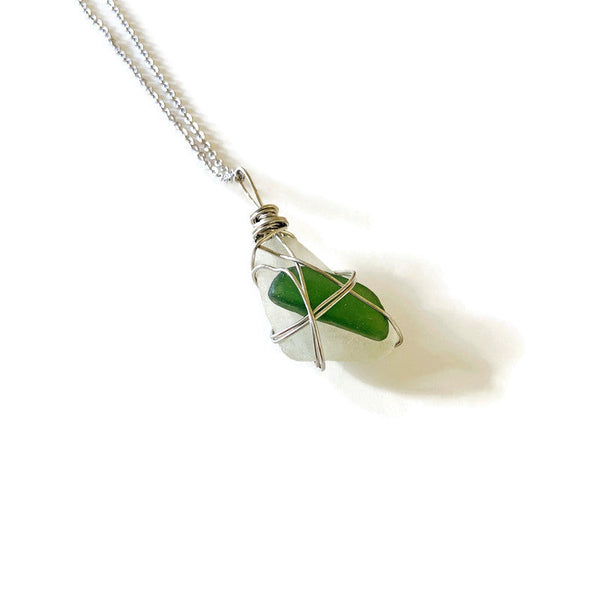 Wire Wrapped Sea Glass Pendant Necklace in Green & White
