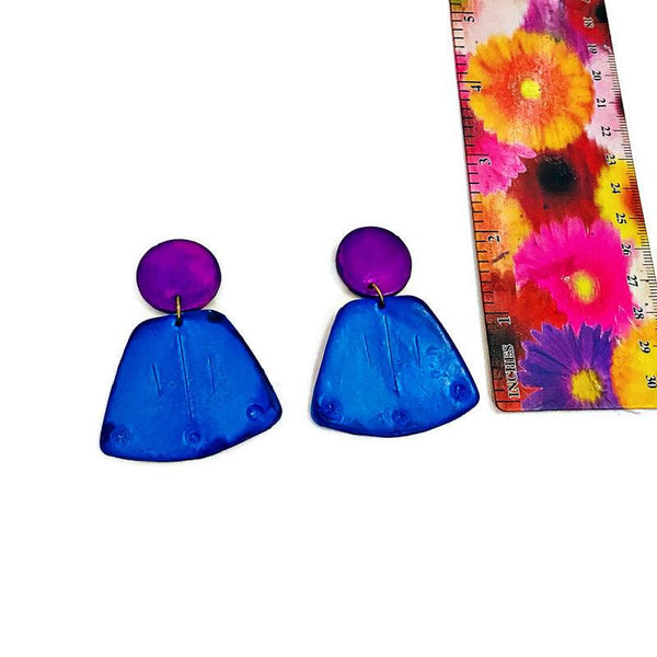 Blue & Purple Statement Earrings Post or Clip Ons - "Janet" - Sassy Sacha Jewelry
