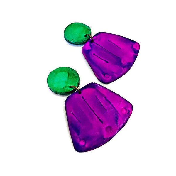 Wide Statement Earrings in Purple & Green- "Janet" - Sassy Sacha Jewelry