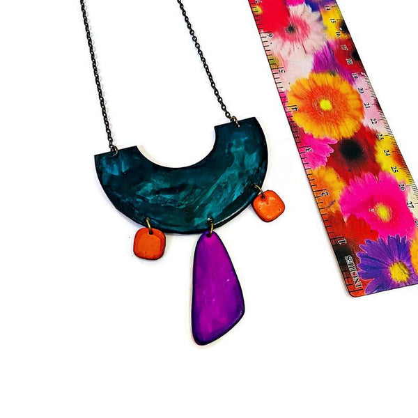 Quirky Statement Bib Necklace with Dangling Geometric Shapes- "Ricki" - Sassy Sacha Jewelry