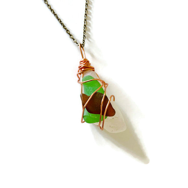 Three Piece Sea Glass Pendant Necklace Wire Wrapped
