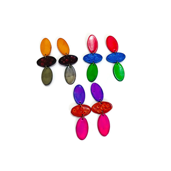 Long Colorful Clip On Earrings in Red, Blue & Green- "Abby"