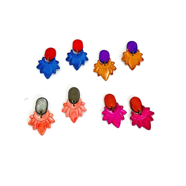 Red & Royal Blue Flower Clip On Earrings- "Daisy"