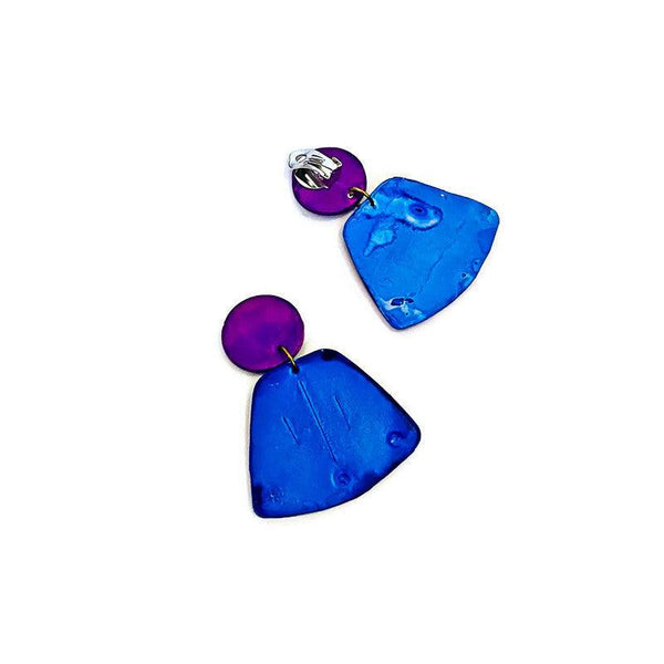 Blue & Purple Statement Earrings Post or Clip Ons - "Janet" - Sassy Sacha Jewelry