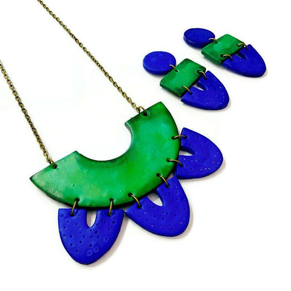 Artsy Statement Bib Necklace & Earring Set Handmade from Clay Painted Blue Green - Sassy Sacha Jewelry