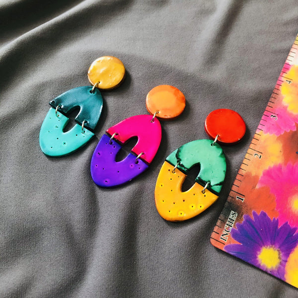 Large Artsy Clip On Earrings, Geometric Clay Drop Dangles Hand Painted - Sassy Sacha Jewelry