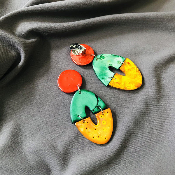 Large Artsy Clip On Earrings, Geometric Clay Drop Dangles Hand Painted - Sassy Sacha Jewelry