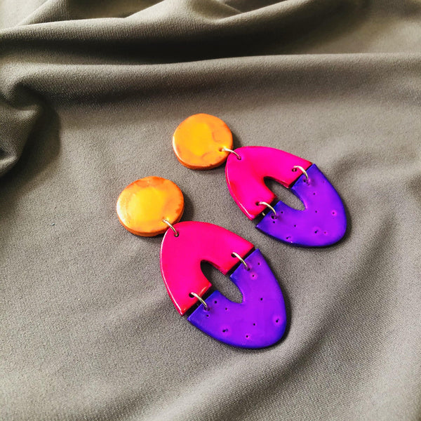 Large Artsy Clip On Earrings, Geometric Clay Drop Dangles Hand Painted - Sassy Sacha Jewelry