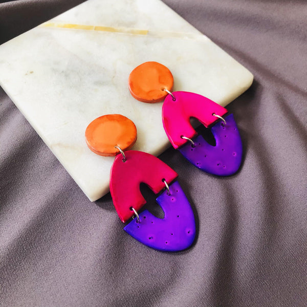 Large Artsy Clip On Earrings, Geometric Clay Drop Dangles Hand Painted - Sassy Sacha Jewelry