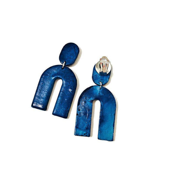 Large Blue Arch Statement Earrings Handmade from Polymer Clay- "Lucy" - Sassy Sacha Jewelry