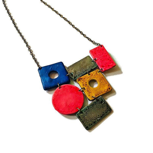 Large Geometric Statement Necklace Handmade from Clay & Painted with Alcohol Ink - Sassy Sacha Jewelry