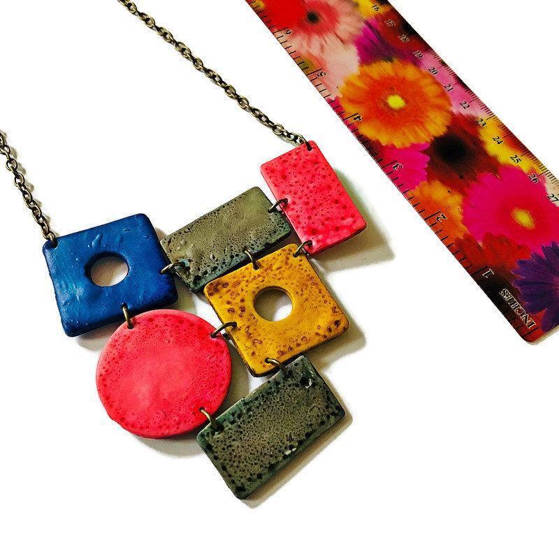 Large Geometric Statement Necklace Handmade from Clay & Painted with Alcohol Ink - Sassy Sacha Jewelry