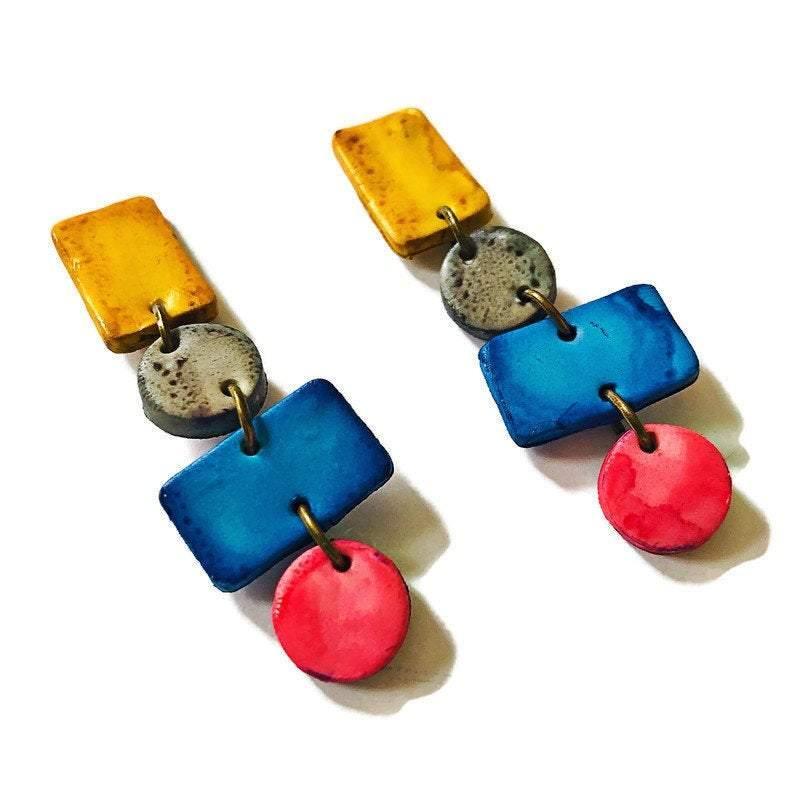Large Geometric Statement Necklace Handmade from Clay & Painted with Alcohol Ink - Sassy Sacha Jewelry