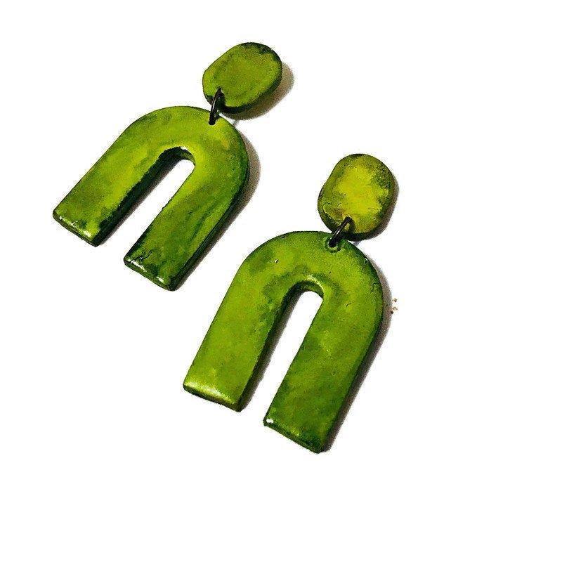 Large Green Arch Statement Earrings Handmade from Polymer Clay- "Lucy" - Sassy Sacha Jewelry