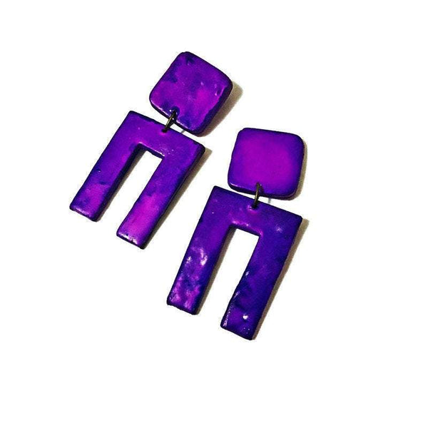 Large Purple Geometric Earrings with Rectangle Arch- "Max" - Sassy Sacha Jewelry