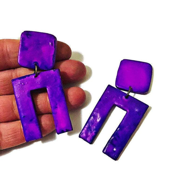 Large Purple Geometric Earrings with Rectangle Arch- "Max" - Sassy Sacha Jewelry