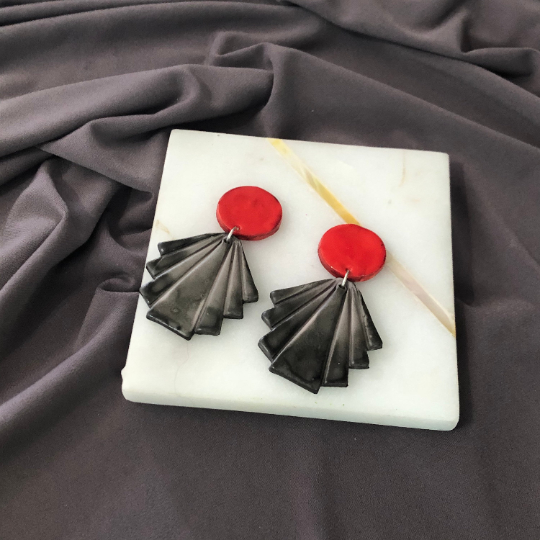 Large Red & Black Statement Fan Earrings, Art Deco Jewelry Painted- "Ruth" - Sassy Sacha Jewelry