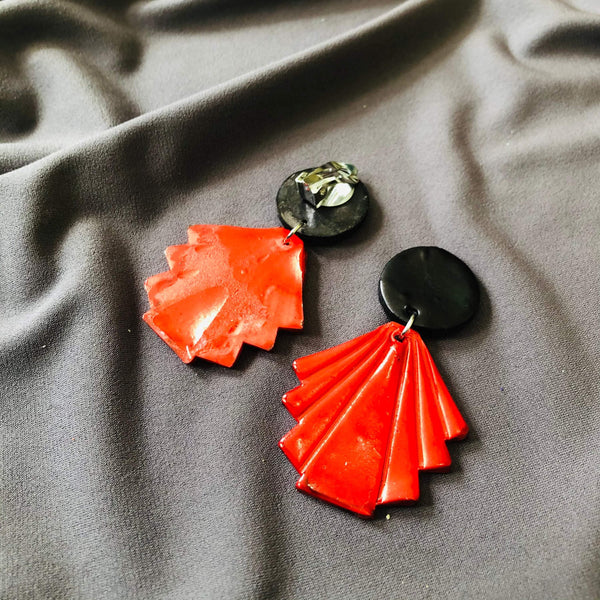 Large Red & Black Statement Fan Earrings, Art Deco Jewelry Painted- "Ruth" - Sassy Sacha Jewelry