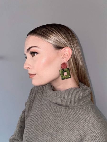 Large Square Statement Earrings Brown & Mustard Yellow- "Jess" - Sassy Sacha Jewelry