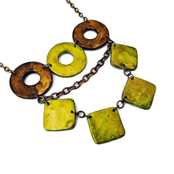 Layered Statement Necklace in Chartreuse Green, Bronze & Gold - Sassy Sacha Jewelry