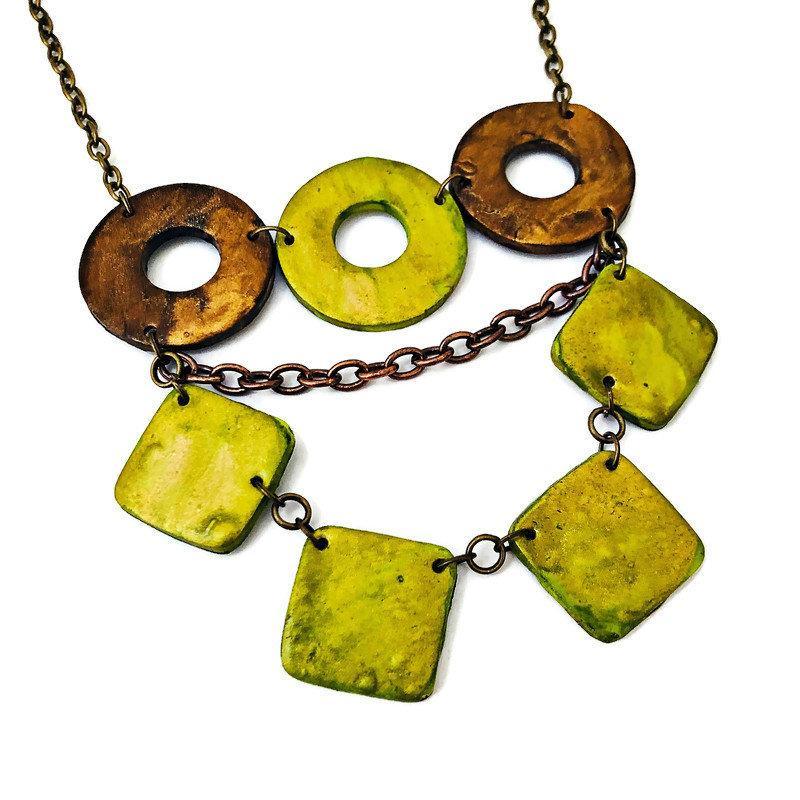 Layered Statement Necklace in Chartreuse Green, Bronze & Gold - Sassy Sacha Jewelry