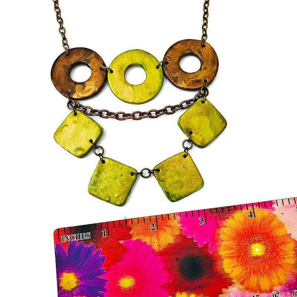 Layered Statement Necklace in Chartreuse Green, Bronze & Gold - Sassy Sacha Jewelry