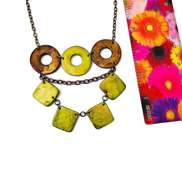 Layered Statement Necklace in Chartreuse Green, Bronze & Gold - Sassy Sacha Jewelry