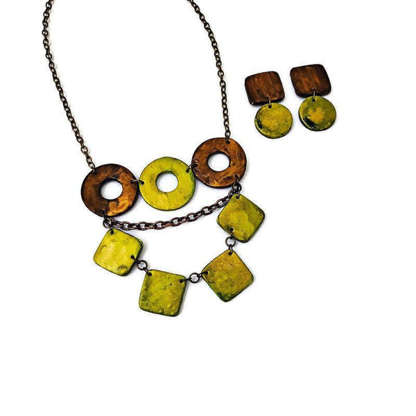 Layered Statement Necklace in Chartreuse Green, Bronze & Gold - Sassy Sacha Jewelry