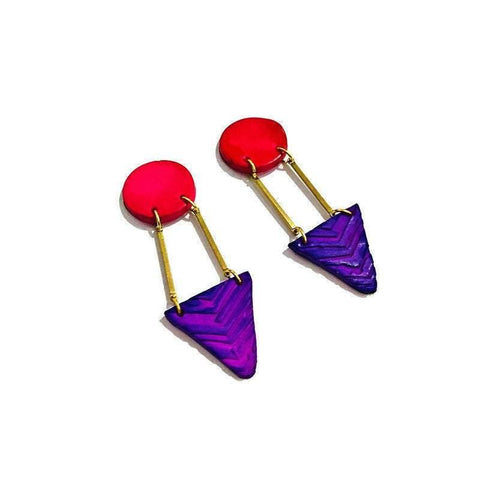 Long Clay & Brass Earrings Handmade and Painted Pink Purple- "Dupa" - Sassy Sacha Jewelry