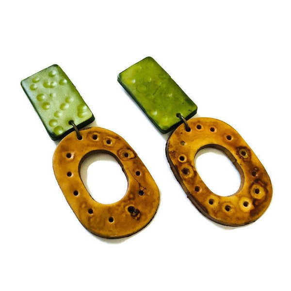 Long Statement Earrings Mustard Yellow & Green - Sassy Sacha Jewelry