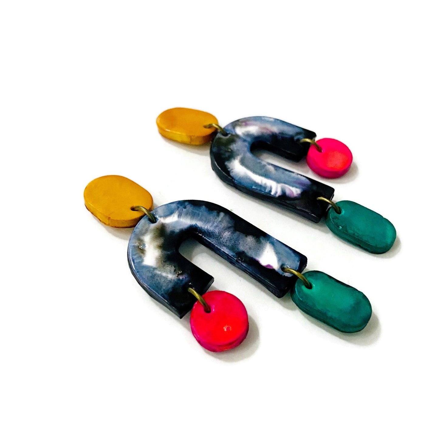 Marbled Asymmetric Earrings with Colorful Ascents - Sassy Sacha Jewelry