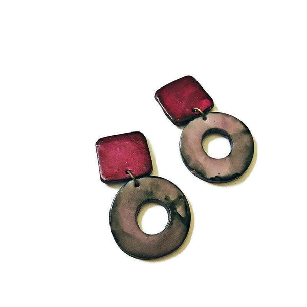 Maroon & Grey Statement Earrings with Open Circle Hoop - Sassy Sacha Jewelry