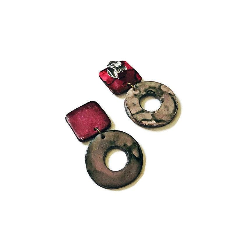 Maroon & Grey Statement Earrings with Open Circle Hoop - Sassy Sacha Jewelry