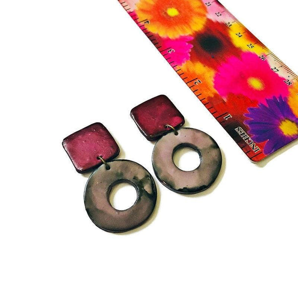 Maroon & Grey Statement Earrings with Open Circle Hoop - Sassy Sacha Jewelry