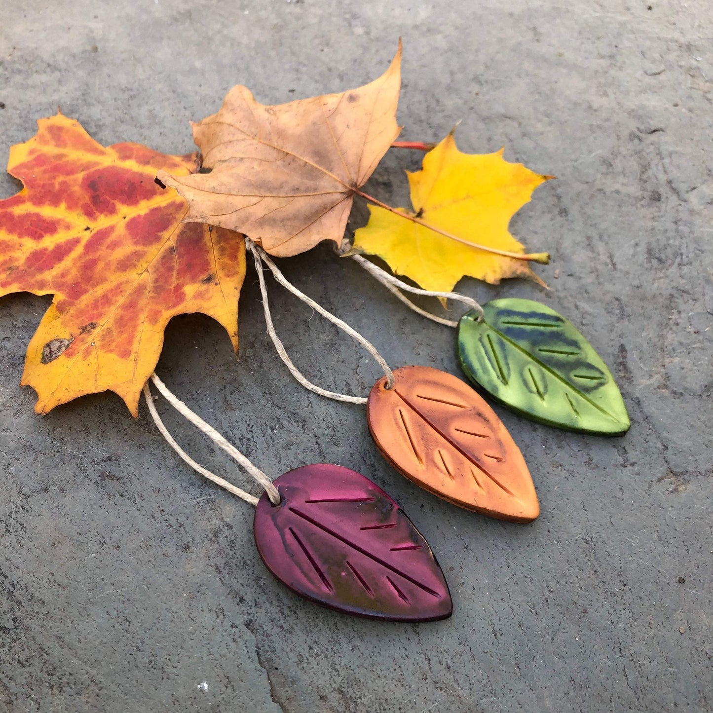 Maroon Leaf Ornaments, Rustic Fall Décor or Christmas Tree Decoration - Sassy Sacha Jewelry
