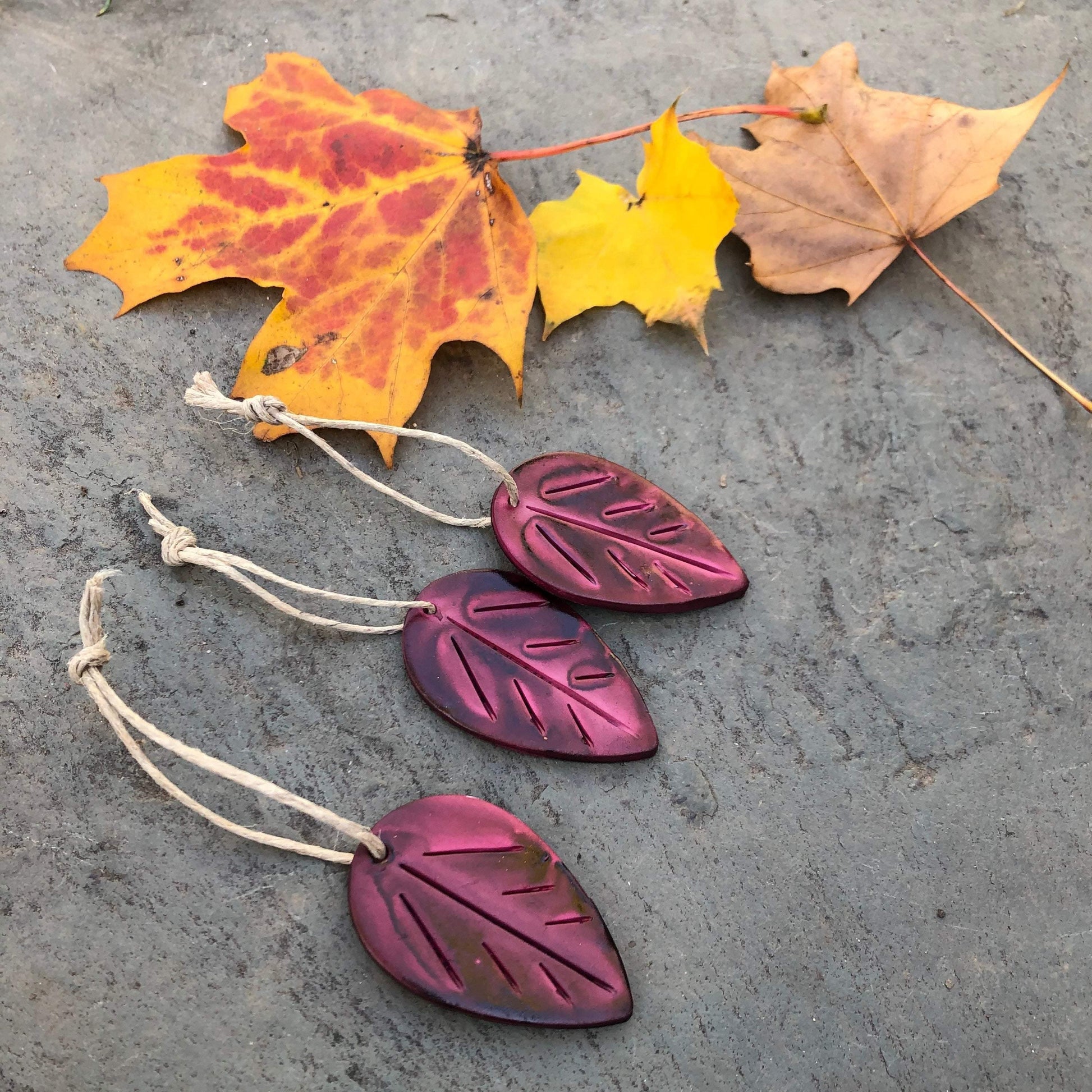 Maroon Leaf Ornaments, Rustic Fall Décor or Christmas Tree Decoration - Sassy Sacha Jewelry
