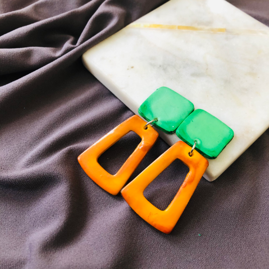 Mint & Yellow Art Deco Earrings, Open Rectangle Statement Earrings- "Ava" - Sassy Sacha Jewelry