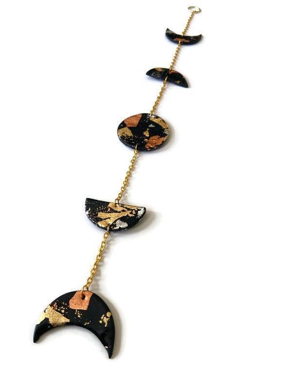 Moon Phase Wall Hanging Black with Mixed Metal Flakes, Modern Minimalist Home Decor - Sassy Sacha Jewelry