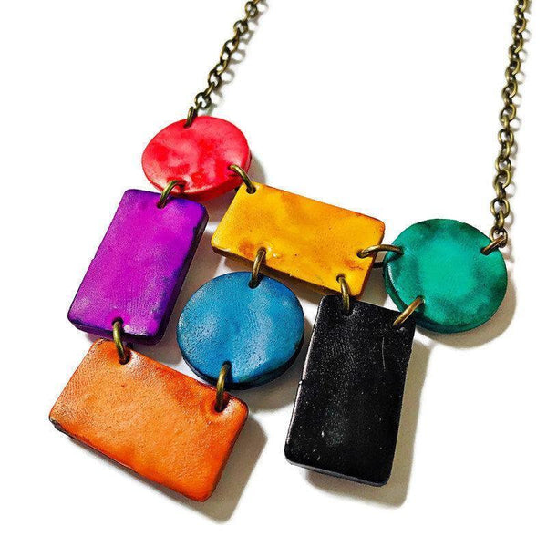 Multi-Shape Statement Necklace, Polymer Clay Bib Painted with Alcohol Ink - Sassy Sacha Jewelry