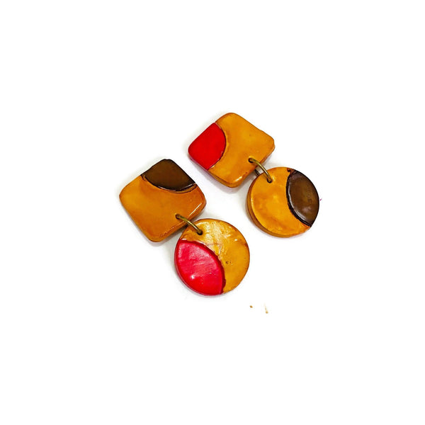 Mustard Yellow Earrings with Red and Brown Dots - Sassy Sacha Jewelry