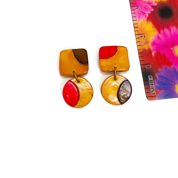 Mustard Yellow Earrings with Red and Brown Dots - Sassy Sacha Jewelry