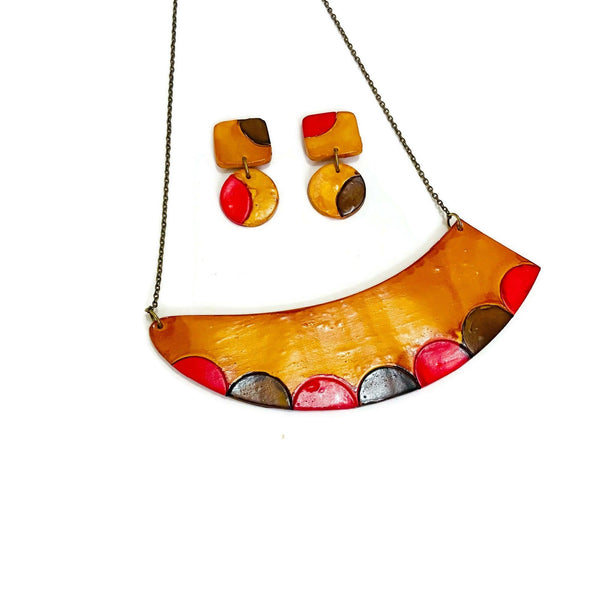 Mustard Yellow Earrings with Red and Brown Dots - Sassy Sacha Jewelry