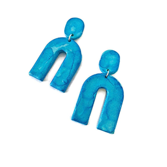 neon blue arch statement earrings post or clip ons Handmade- "Lucy" - Sassy Sacha Jewelry